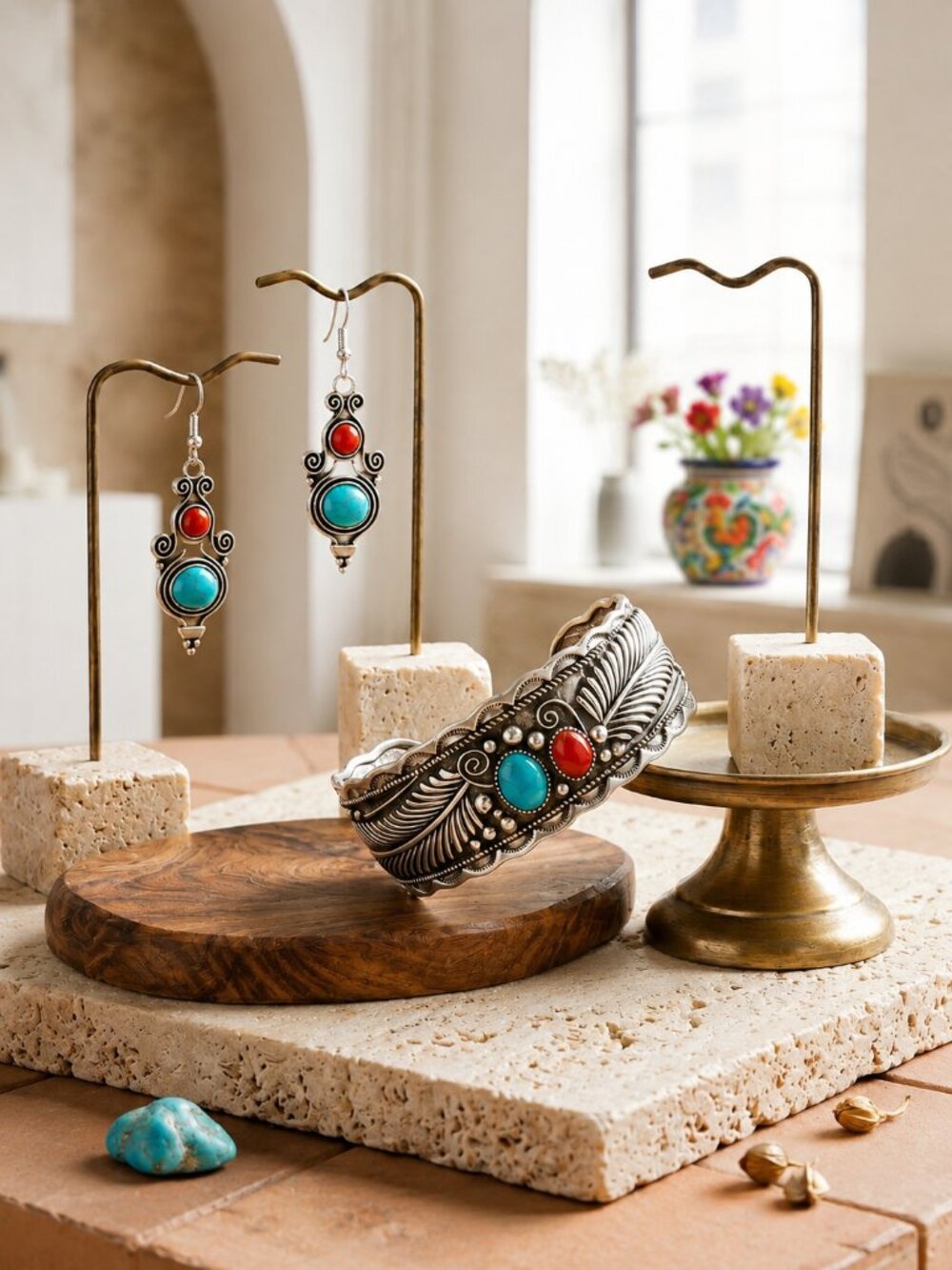 Silver Cuff Bracelet Earrings Set Turquoise Red Coral Southwestern Boho Filigree - Picture 13 of 15